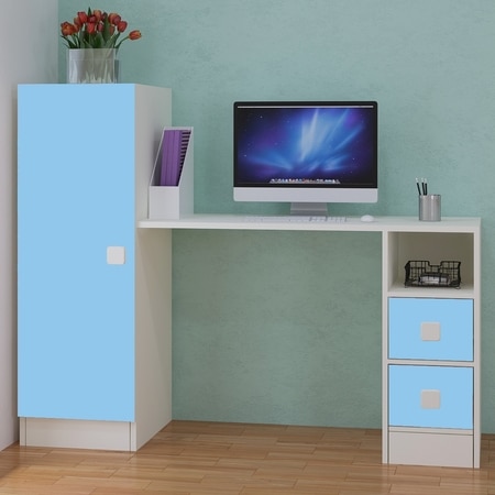 Rio Kids Large Study Desk with Drawers Built In Bookshelf and Square Handles in Sky Blue Colour