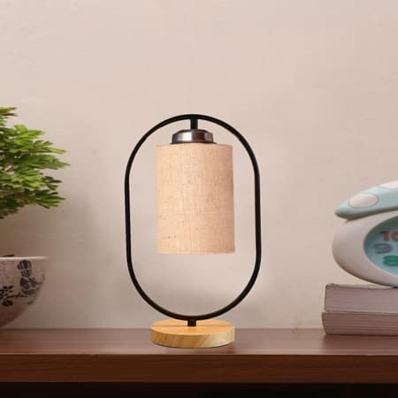 Devansh Beige Jute Drum  Wooden & Iron Table Lamp -17 Inch Height  -I