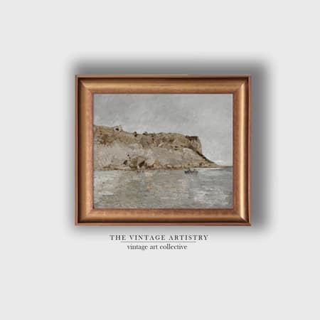 Artistry Beige Blue Antique Rustic Muted Landscapewall Canvas Wall Prints Set of 1 Multicolor Matte