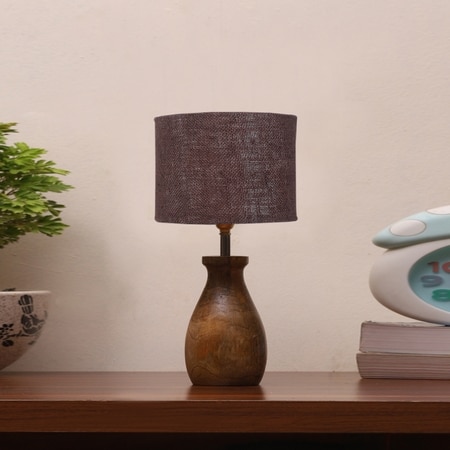 Devansh Brown Jute Table Lamp With Wood Natural Base (7X13 Inches)-18