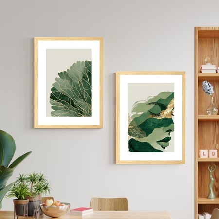 Abstract Face Green Leaf Set of 2 Framed Posters Boho Art 45x60 cm