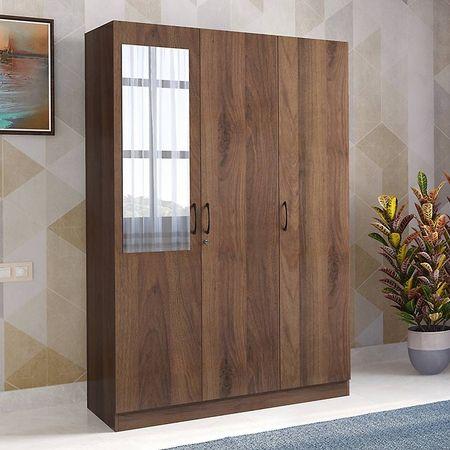 Zoey Engineered Wood 3 Door Wardrobe With Mirror in Classic Walnut Finish