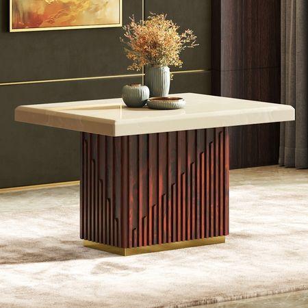 Gabriele Onyx Composite Solid Wood 4 Seater Pedestal Dining Table In Clear Teak Finish