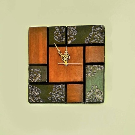 Brown & Black Colour Wooden Square Wall Clock with Handpainted Mandala Art without Glass and Numbers