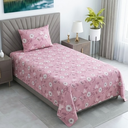 Pink Floral 290 Tc Cotton Flat Single Bedsheet With 1 Pilllow Cover