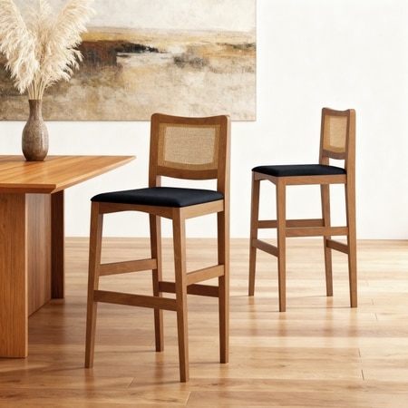 Weber Solid Wood and Cane Bar Chair In Amber Walnut Finish and Deep Blue Velvet Colour