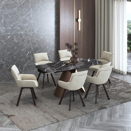 Aeris Ceramic 4 To 6 Seater Extendable Dining Table With 4 Bren Dining Chair (Finish : Black Jade, Chair Colour : Ivory)