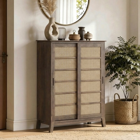 Fujiwara 24 Pair Solid Wood and Cane Shoe Cabinet In Danish Walnut Finish