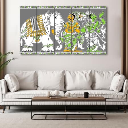 The Castle Decor Madhubani Art Wall Painting Wooden Framed 27x48 Inch (Style 1)