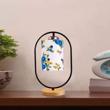 Devansh Printed Cotton Drum Wooden & Iron Table Lamp -17 Inch Height -N