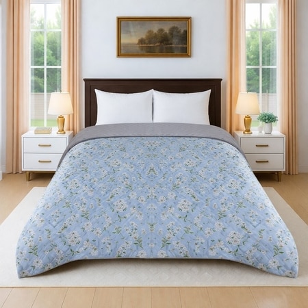 Diya Blue Floral Cotton Comforter Double Bed Reversible 350 Gsm Size 240 X 220 Cms