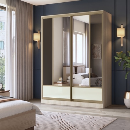 Velora Premium 2 Door 8ft Sliding Wardrobe with mirror Double cream - Brown Tinted Ligth Oak Finish