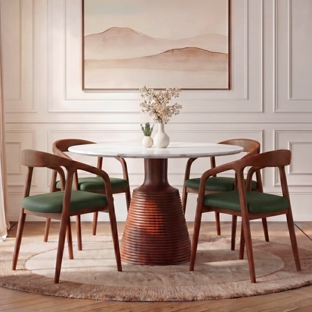 Massa Solid Wood And Banswara 4 Seater Round Dining Table with 4 Zen Solid Wood Dining Armchair in (Finish: Honey, Colour: Olive Leatherette)