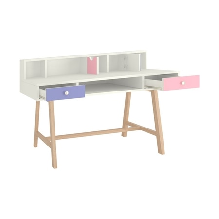 Samara Solid Wood Large 2 Level Study Desk with Drawers Shelves and Tapered Frame in English Pink Persian Lilac Colour