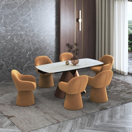 Aeris Ceramic 4 To 6 Seater Extendable Dining Table With 4 Selene Dining Chairs (Finish : Rome Travertine, Chair Colour : Mustard)