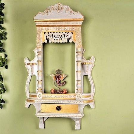Handmade Wooden White Jharokha cum Pooja Shelf with Drawer