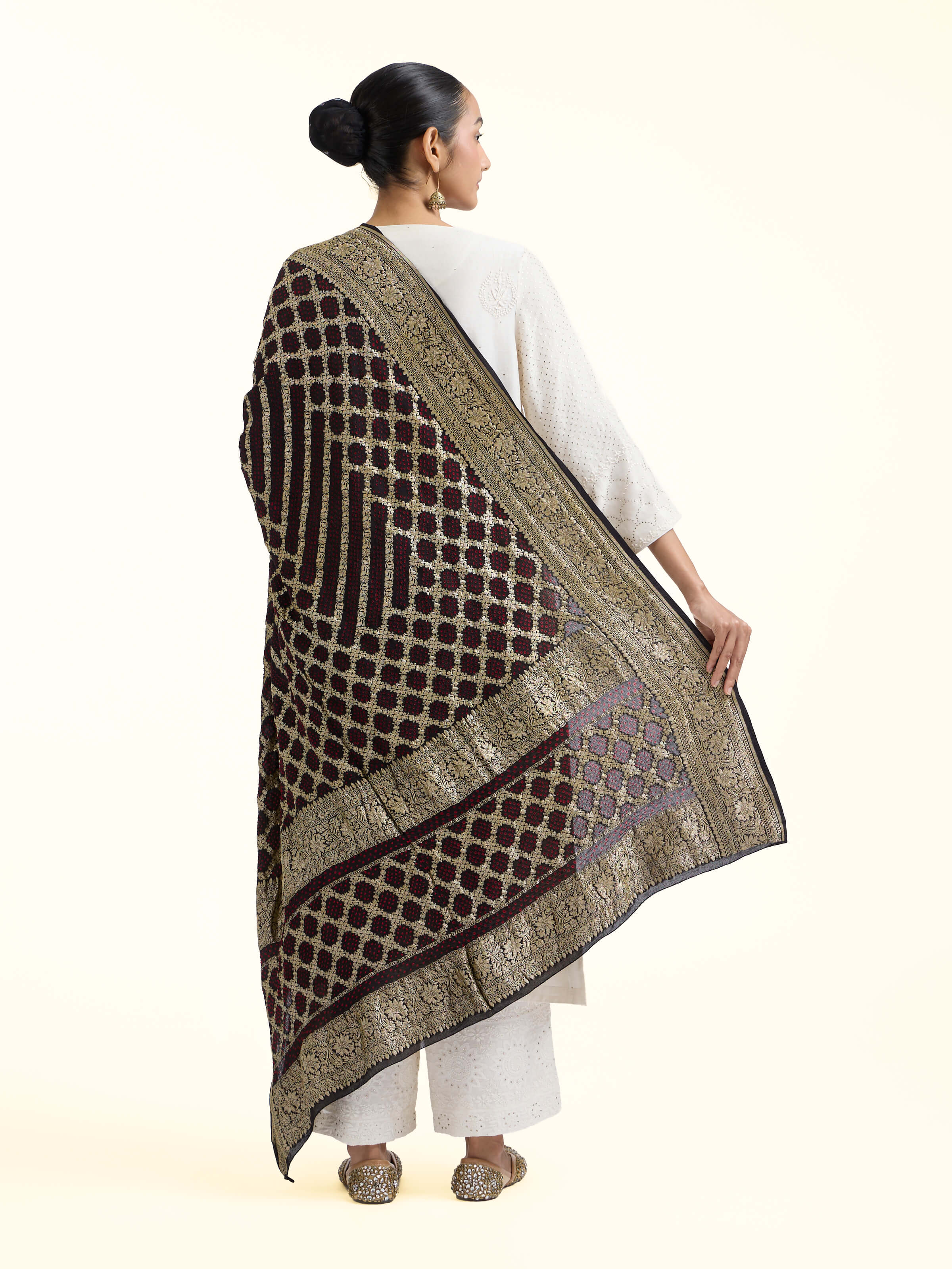 Back view of Black Bandhani Tie & Dye Silk Dupatta emphasizing the overall design and fine details
