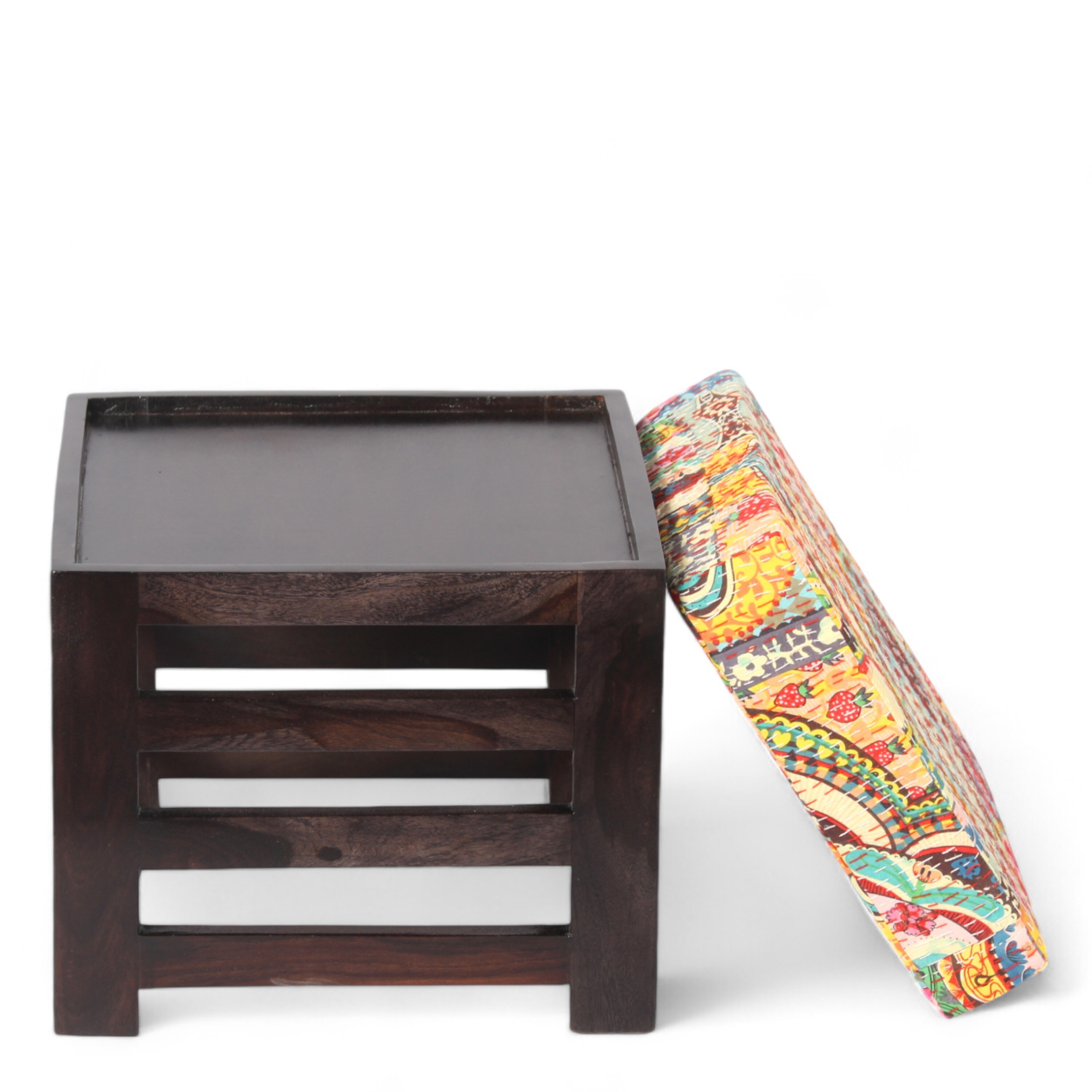 Houston Sheesham Wood Stool in Mahogany Finish & Multi Colour Israel Print Kantha fabric Cushion