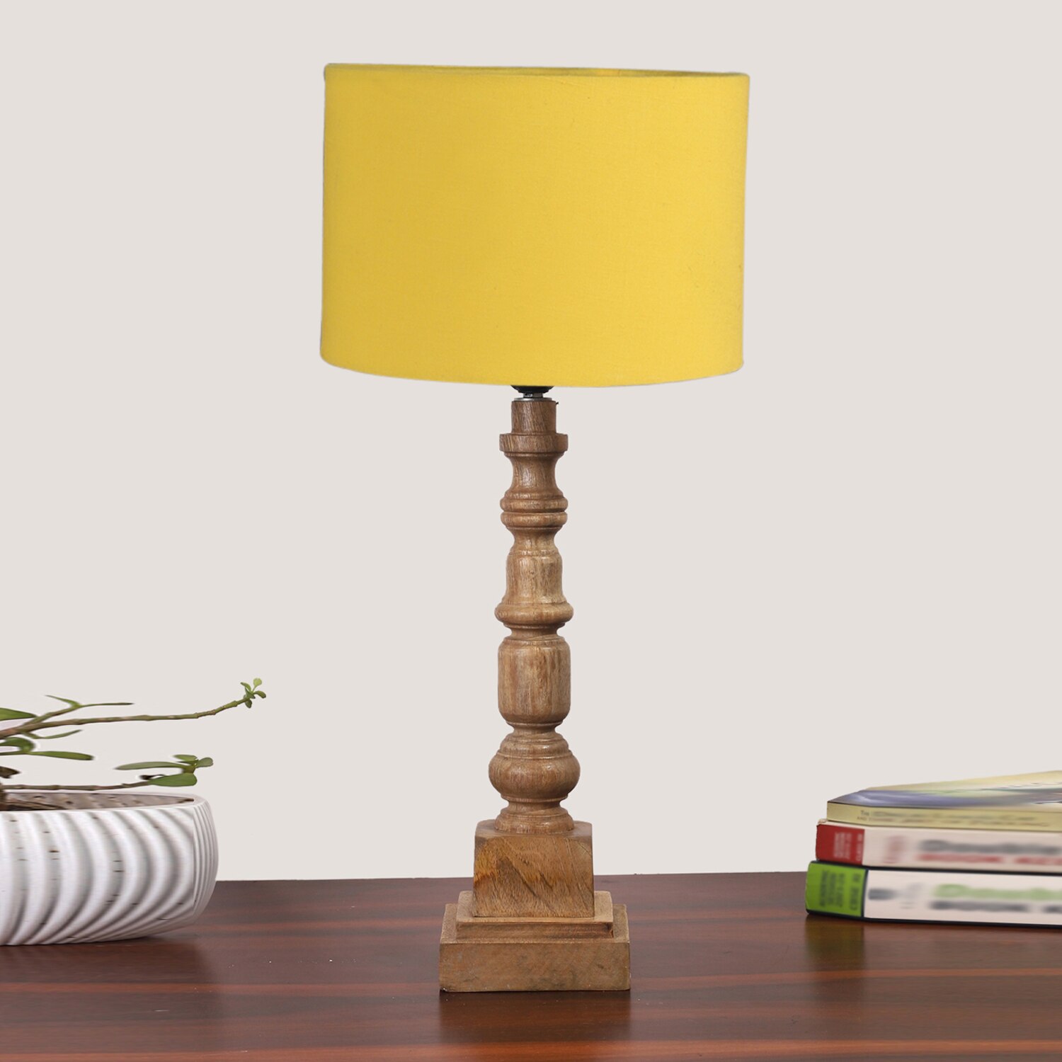 Devansh Yellow Cotton Table Lamp With  Wood Natural Base (7X7X21.25 Inches)-6