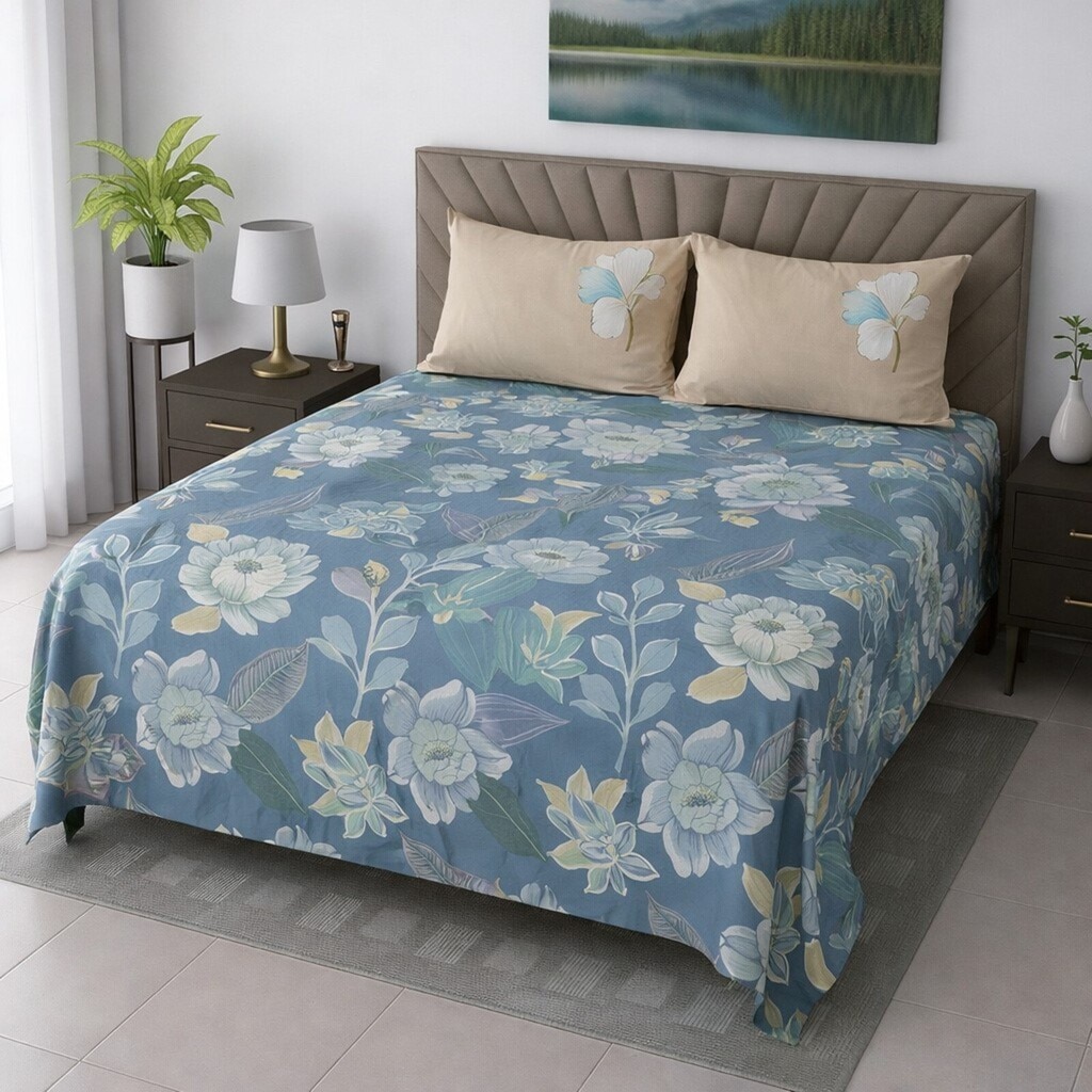 Luna Sea Green Floral 400 TC Cotton Flat King Size Bedsheet with 2 Pillow Covers – Threads - Threads