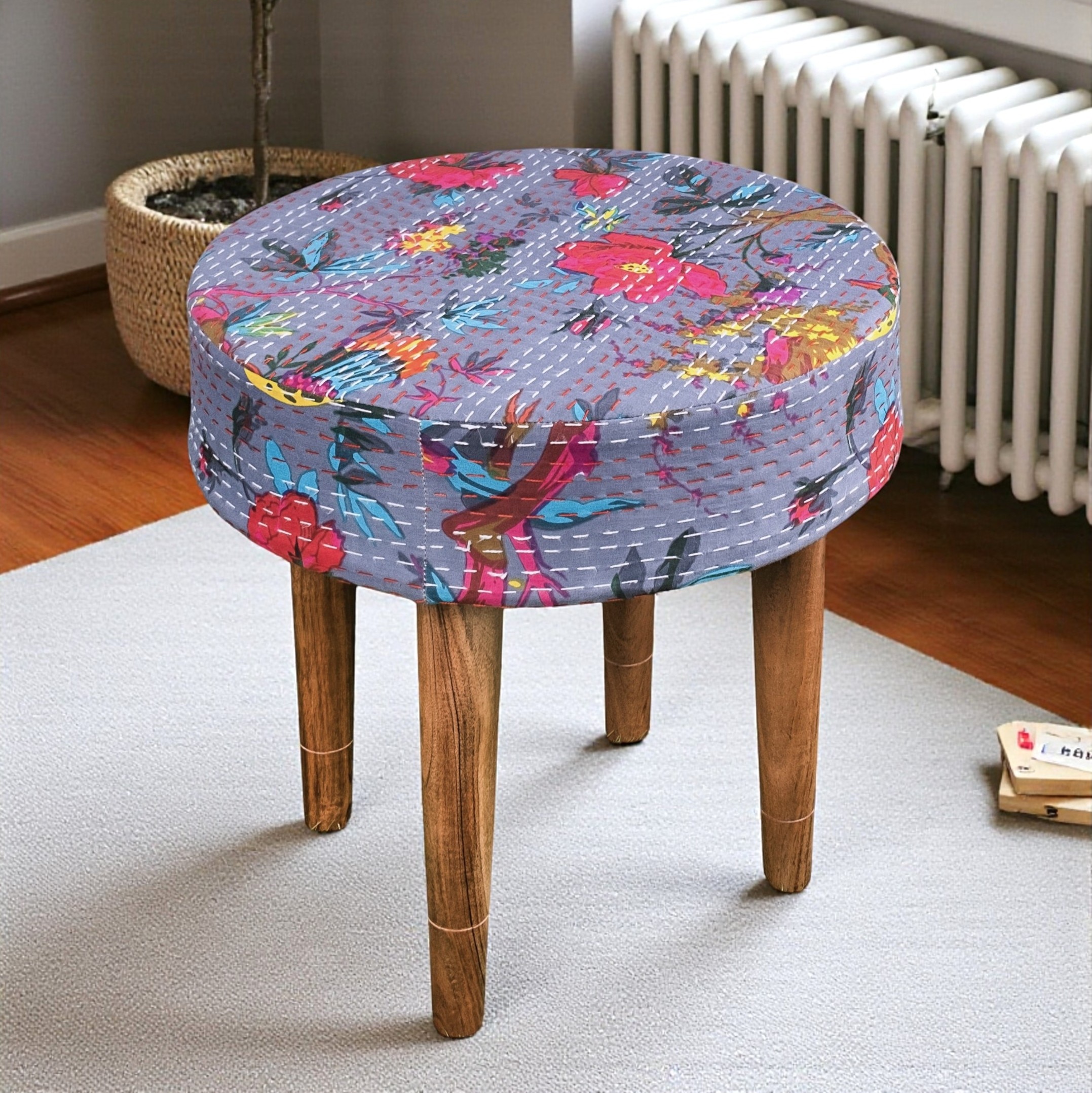 Nayla Solid Wood Stool in Bird Print Grey Kantha Fabric