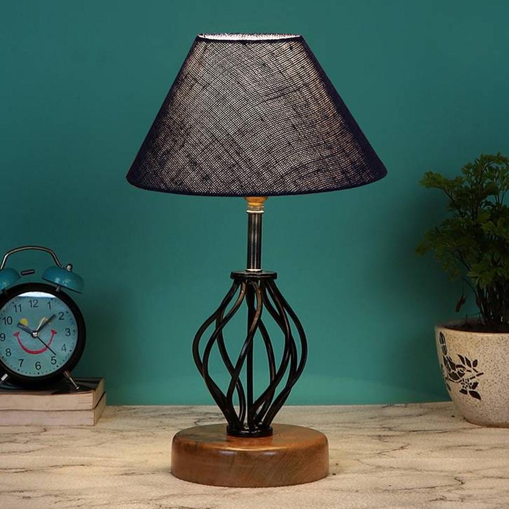 Joanna Blue Jute Table lamp with Wood & Iron Base