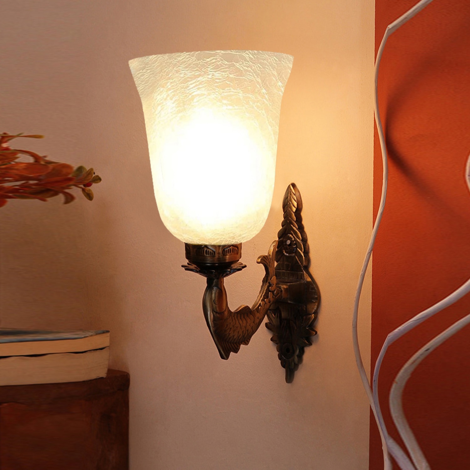 Devansh Metal Electric Wall Light in Antique gold Colour with White Shade Count of 1 Light - Devansh