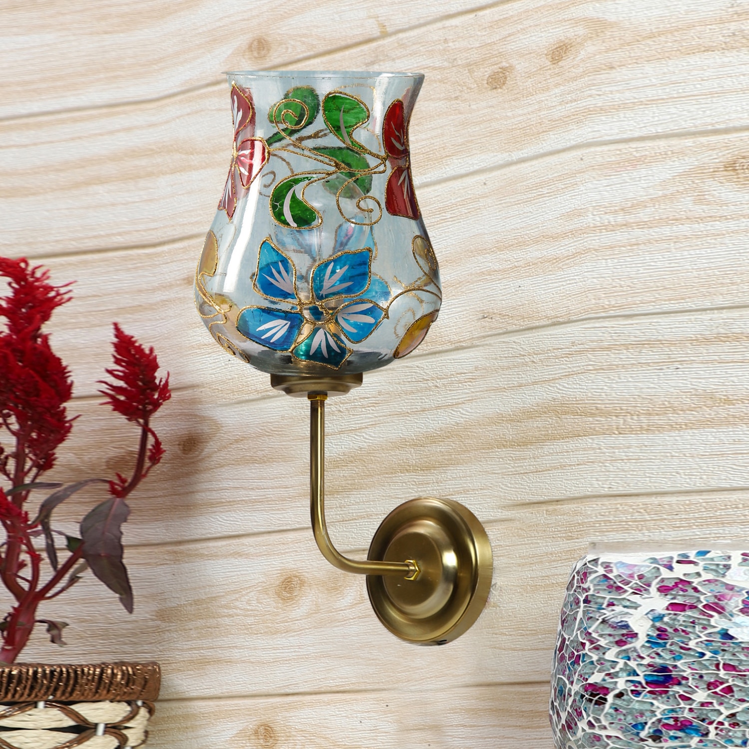 Devansh Metal Electric Wall Light in Gold Colour with Multicolor Shade Count of 1 Light - Devansh
