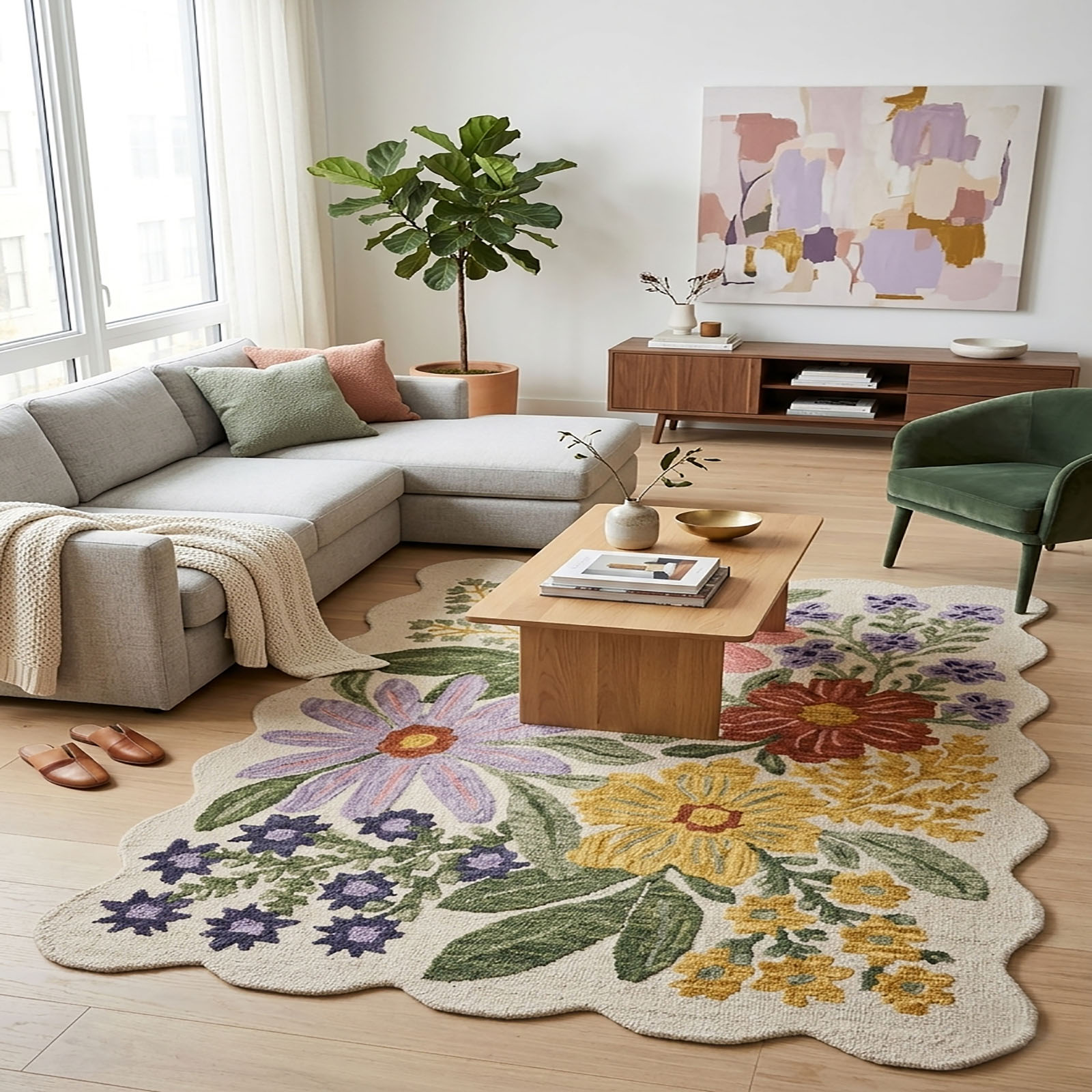 Hand Tufted Floral Scalloped Area Rug Botanical 60 x 84 - The Woven Legacy