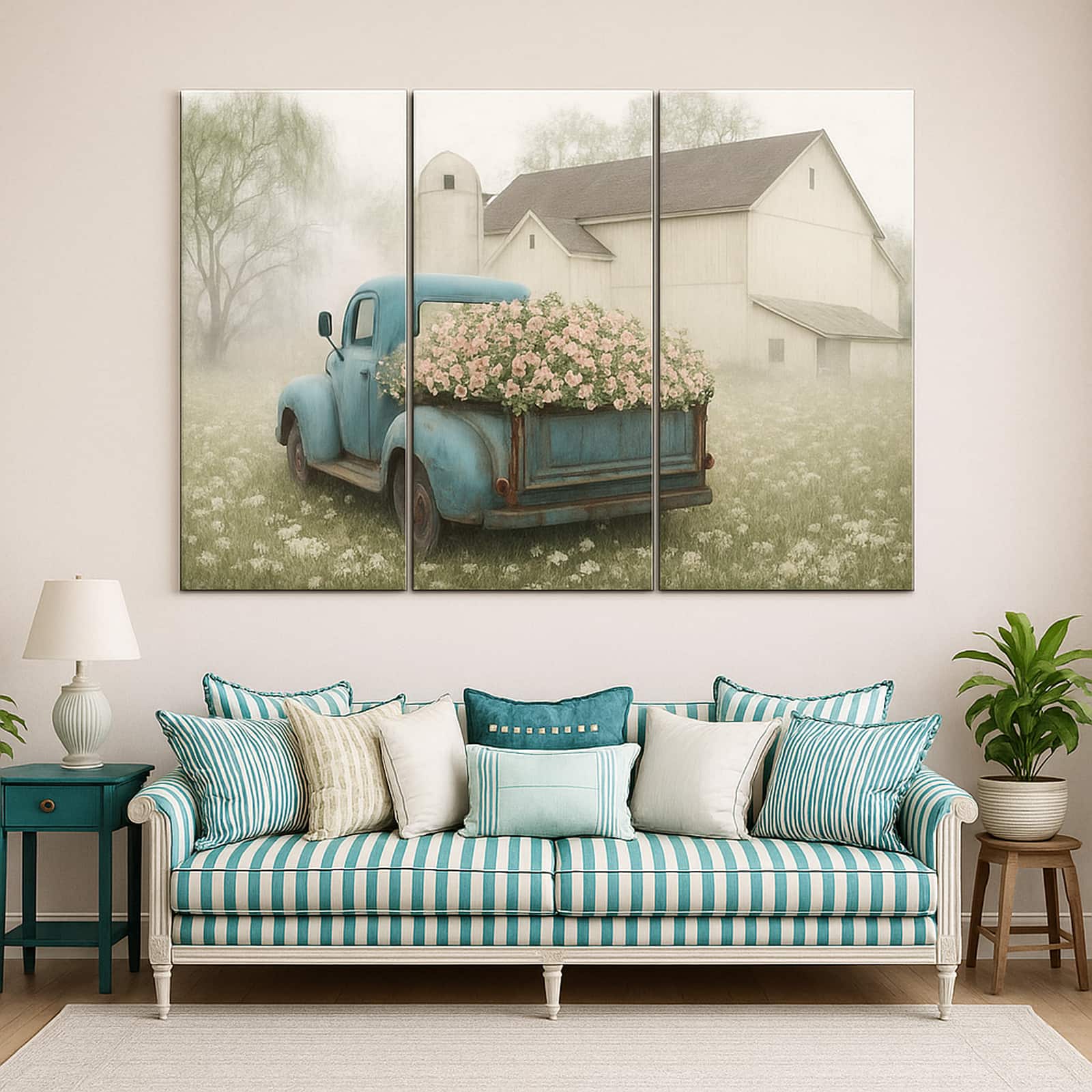 Truss Pcs Grey Blue Full Flowers Frame Floral Canvas Canvas Wall Prints Set of 3 Multicolor Matte