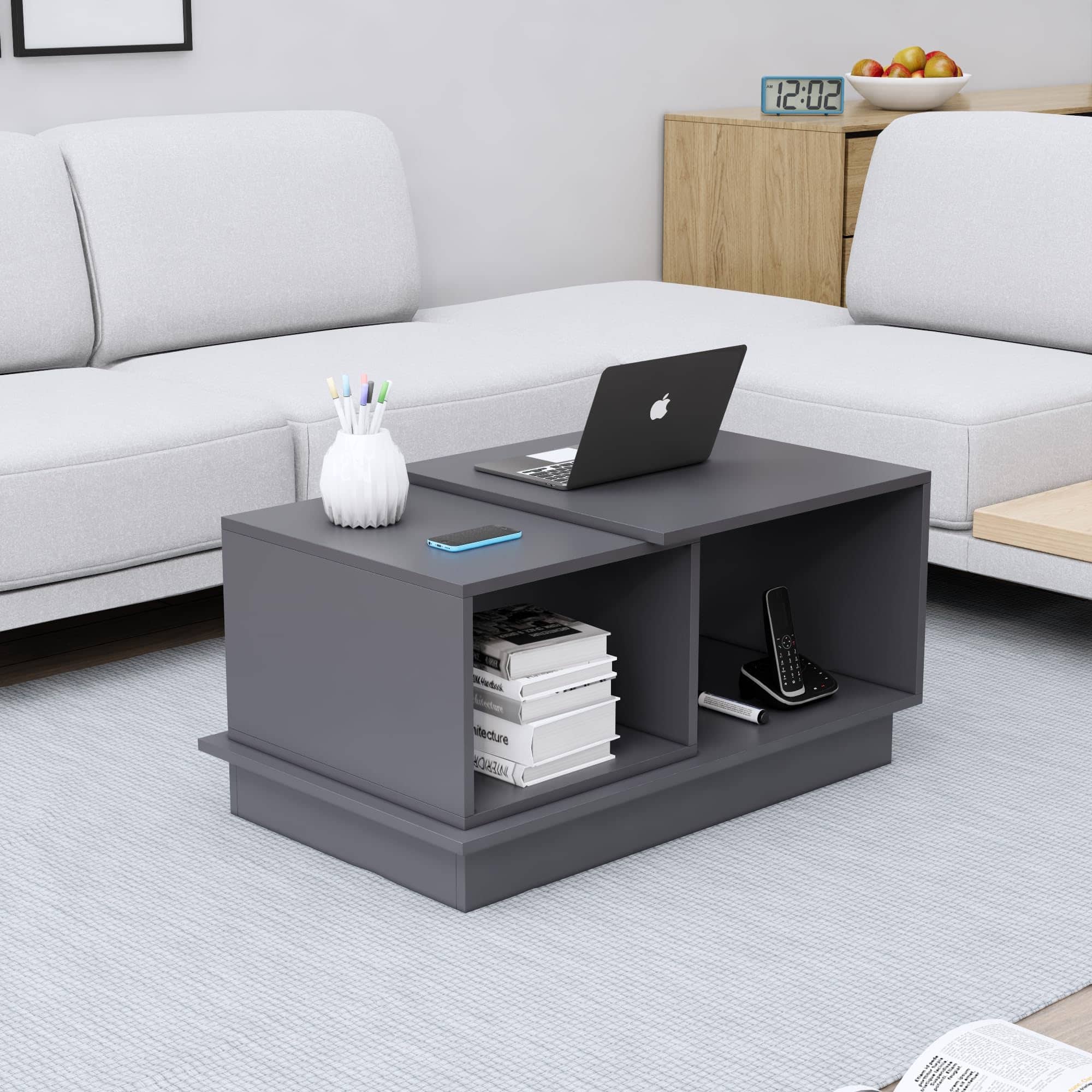 Hexa Engineered Wood Coffee Table With Storage And Open Rack In Slate Grey - HexaRed