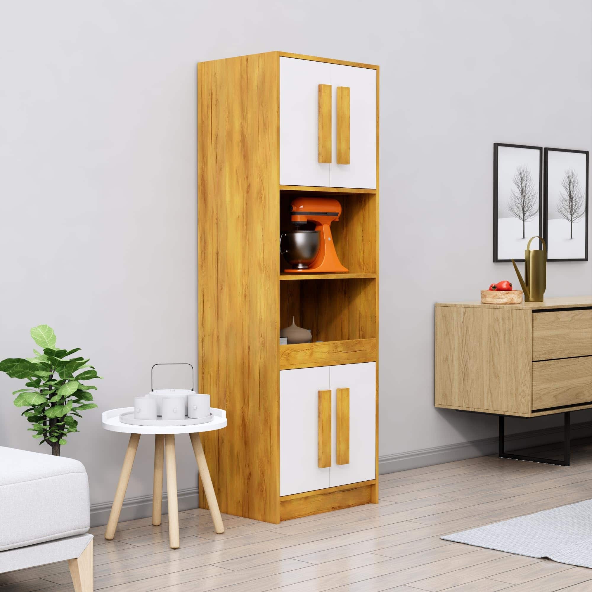 Hexa Red Crockery Unit Multipurpose Wooden Cabinet in Giant Wood And Frosty White Colour - HexaRed