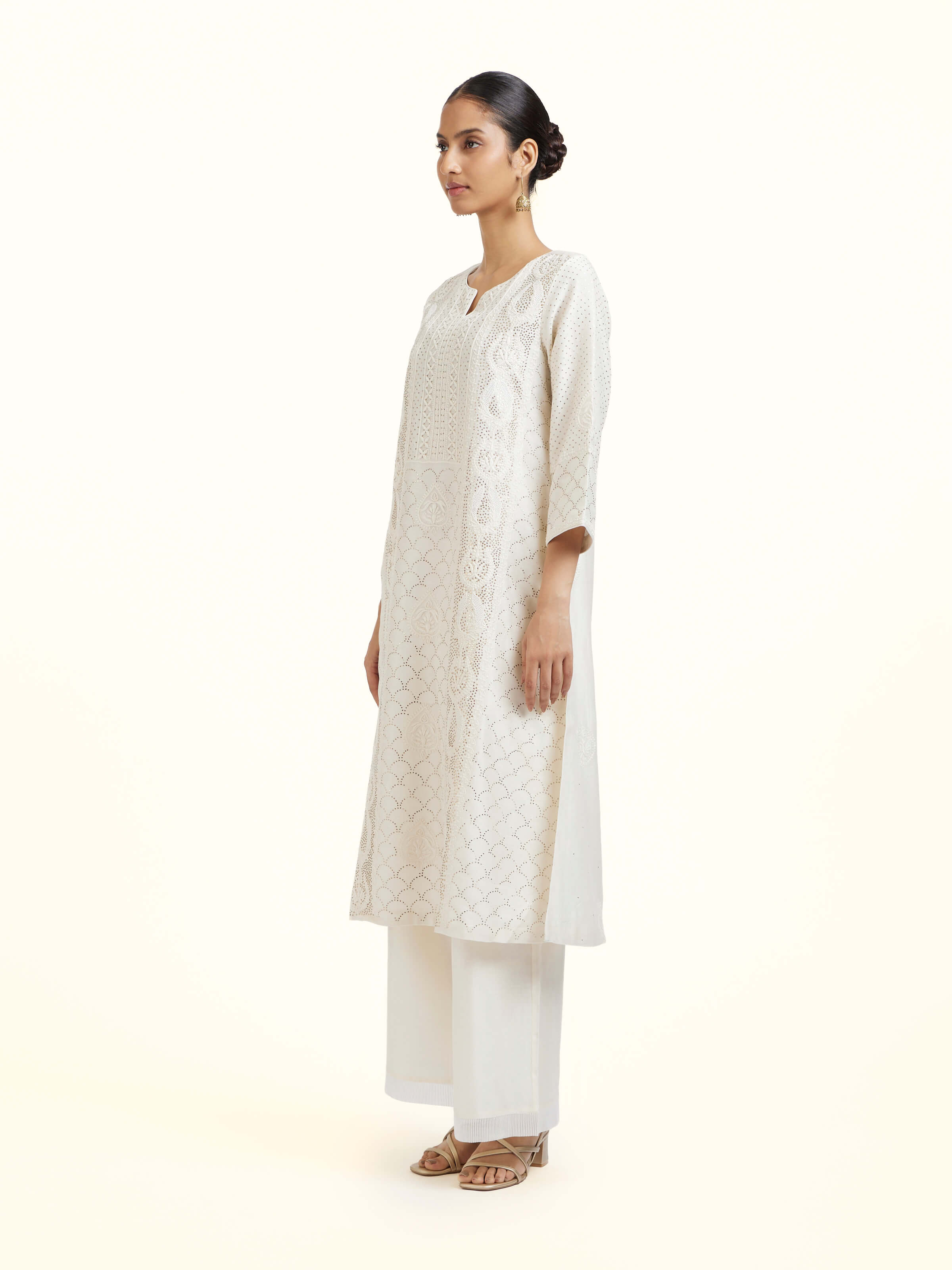 White Chanderi Cotton Silk Chikankari A-Line Kurta