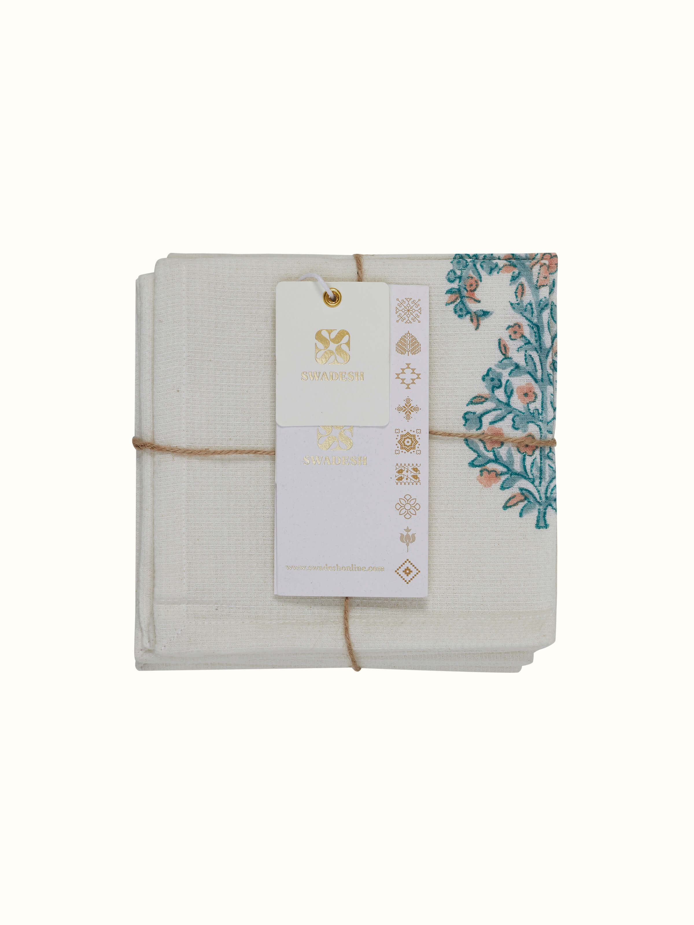 View of Ambi buta blue floral cotton Sanganeri block printed face towels showing multiple towels stacked together