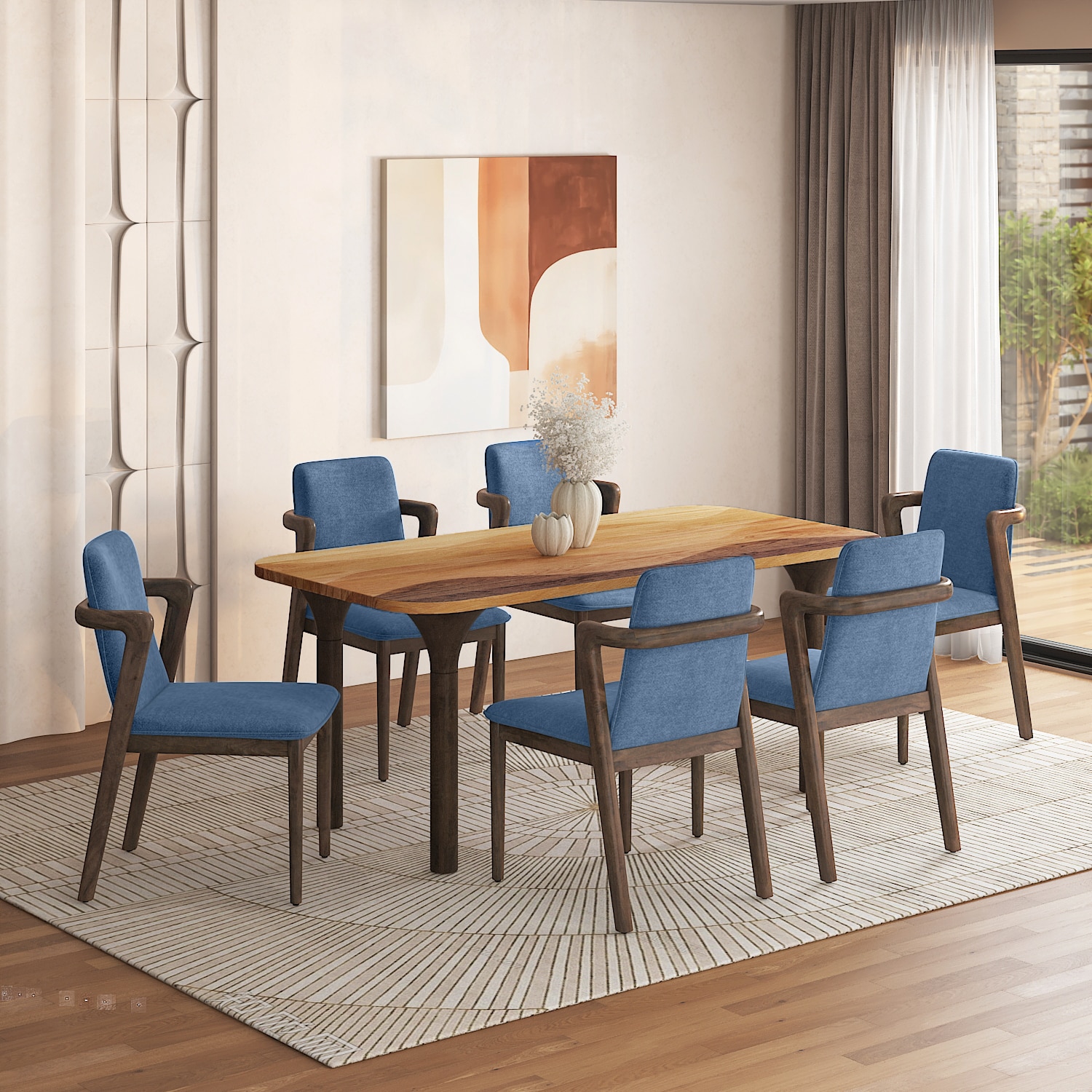 Dune Solid Oak Wood Dining Table With 6 Harper Solid Wood Dining Chairs (Finish : Oak, Chair Colour : Baltic Blue)