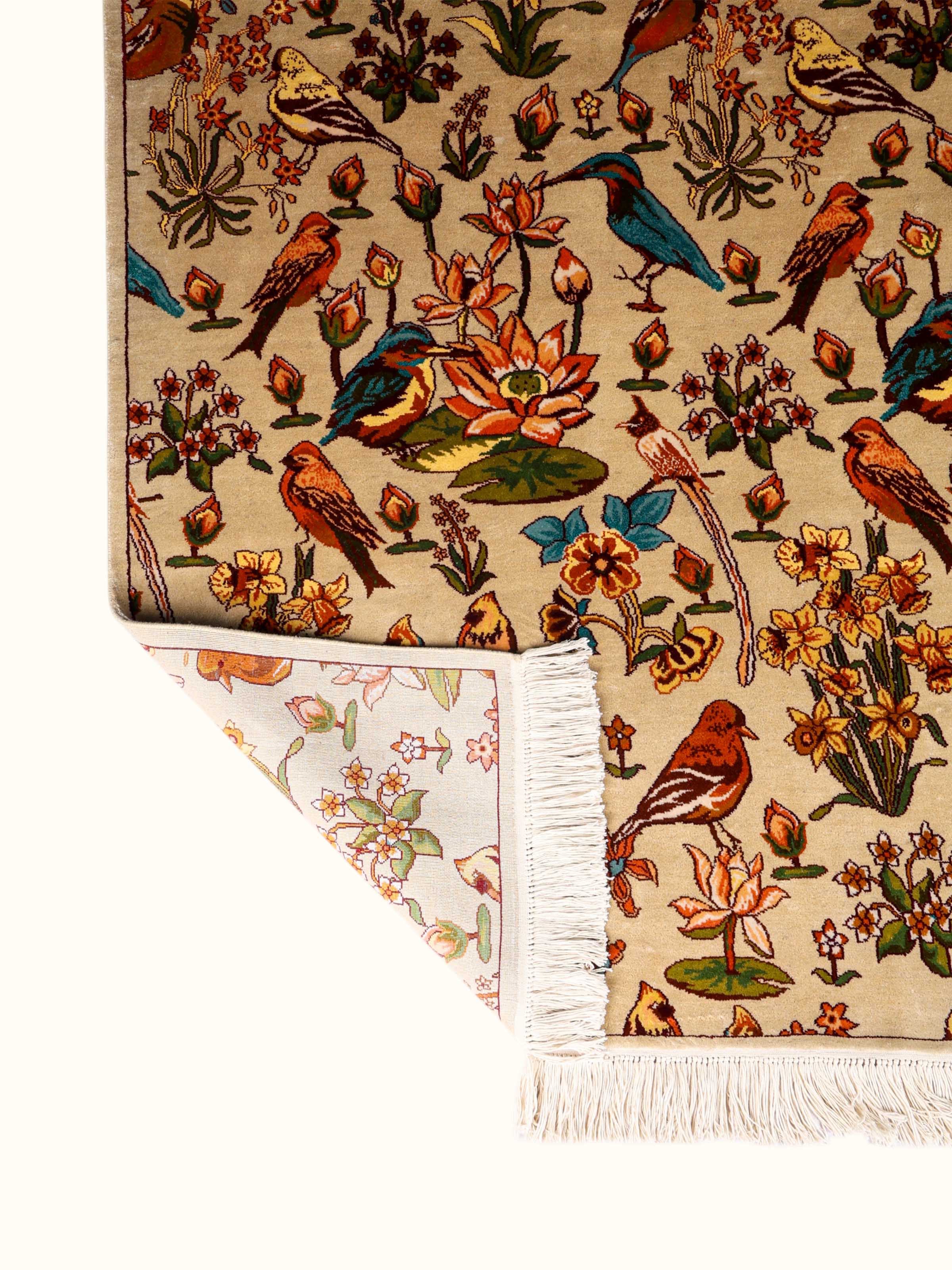 Traditional Gilded Sage Gul-e-Bulbul Kashmir Silk Hand-Knotted Carpet