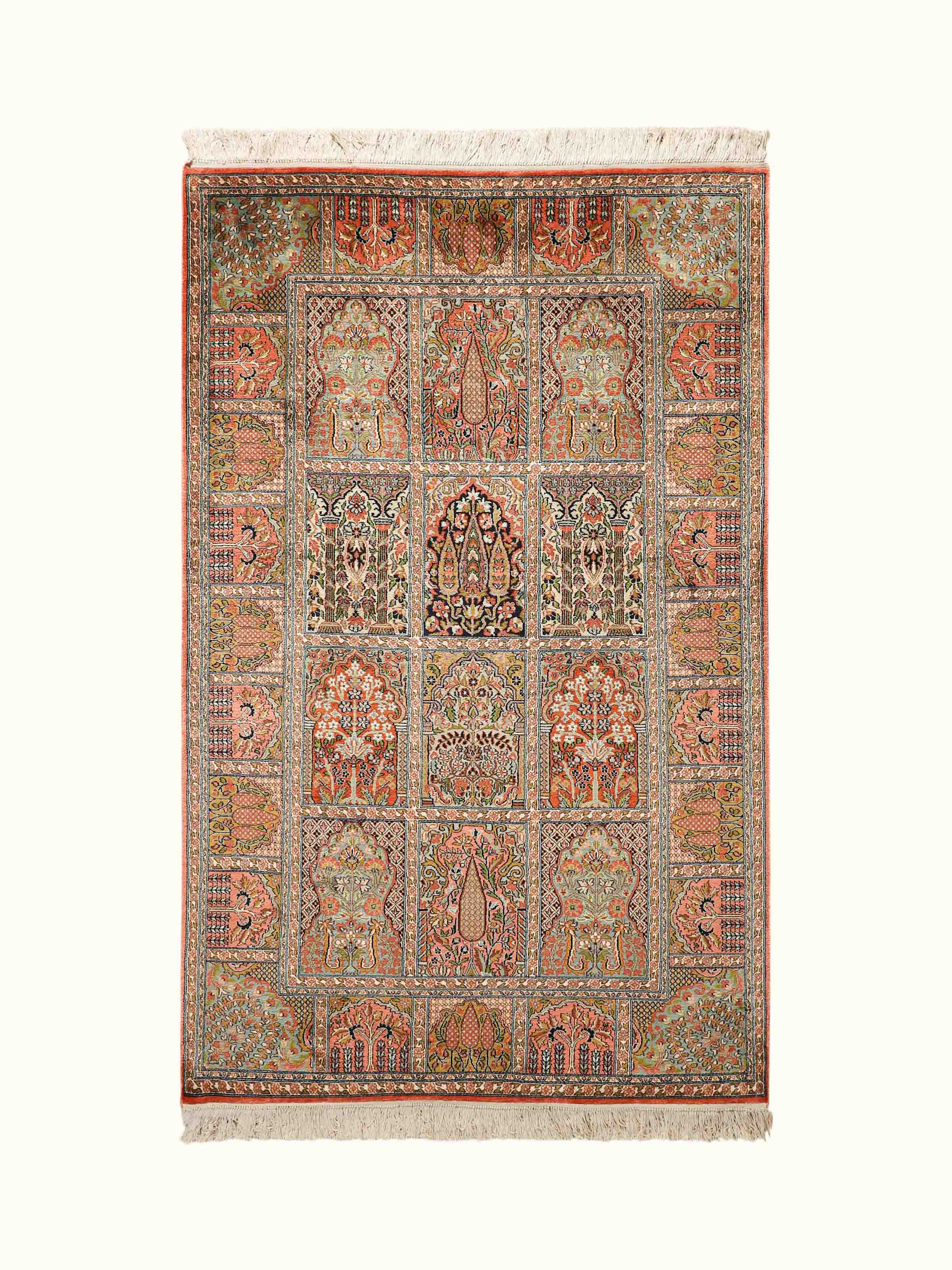 Traditional Persian Rust Blue Hamadan Kashmir Silk Hand-Knotted Carpet