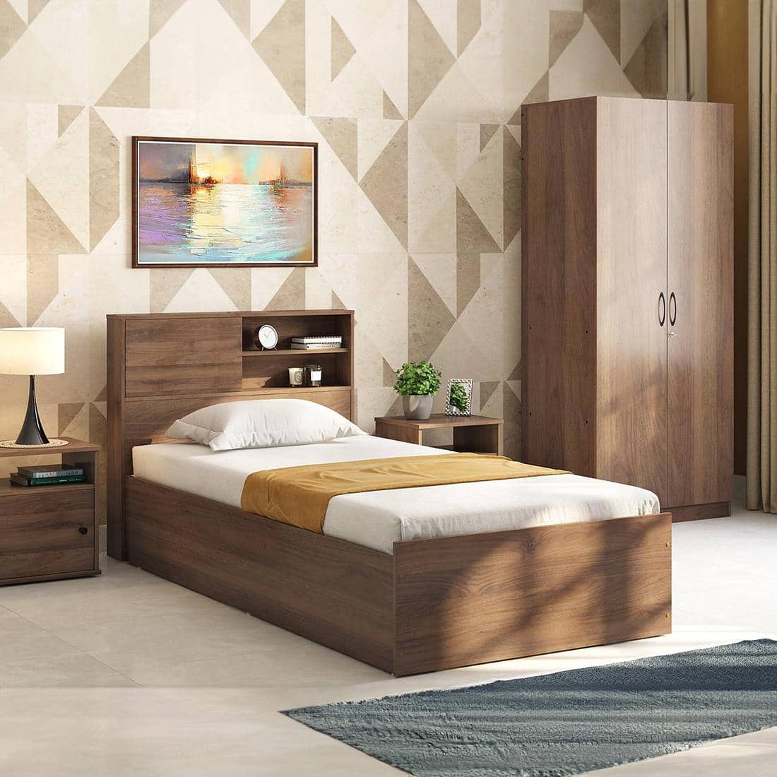 Amy Engineered Wood Single Size Box Storage Bed In Classic Walnut Finish