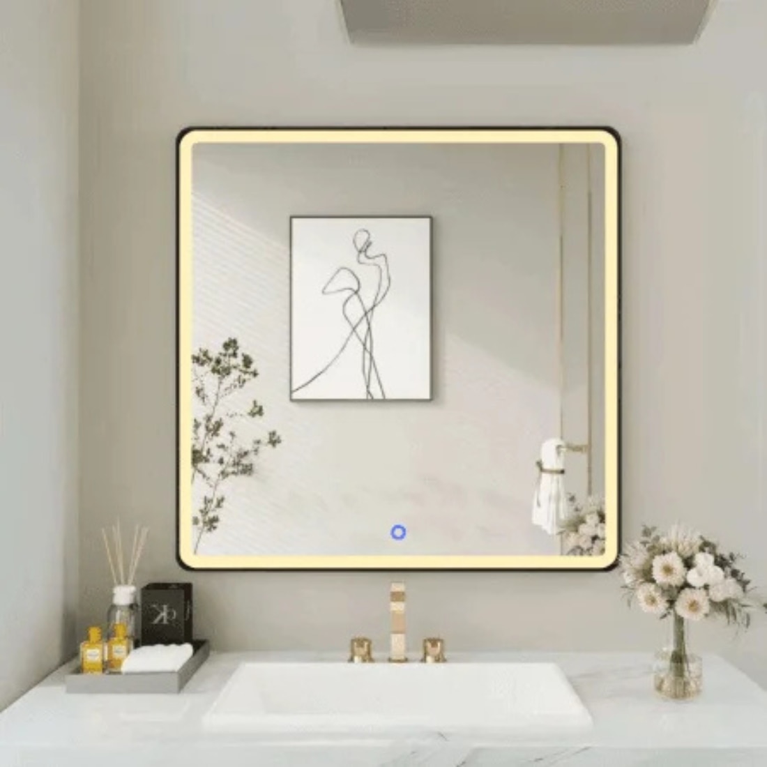 Modern Square Wall LED Mirror with Anodized Aluminum Frame Rose Gold Matte Black Brushed Silver
