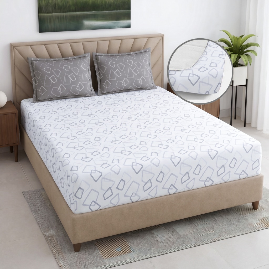 White And Grey  Geometric Cotton  400 Tc  Fitted  Super King Size Bedsheet With 2 Pillow Covers - Threads