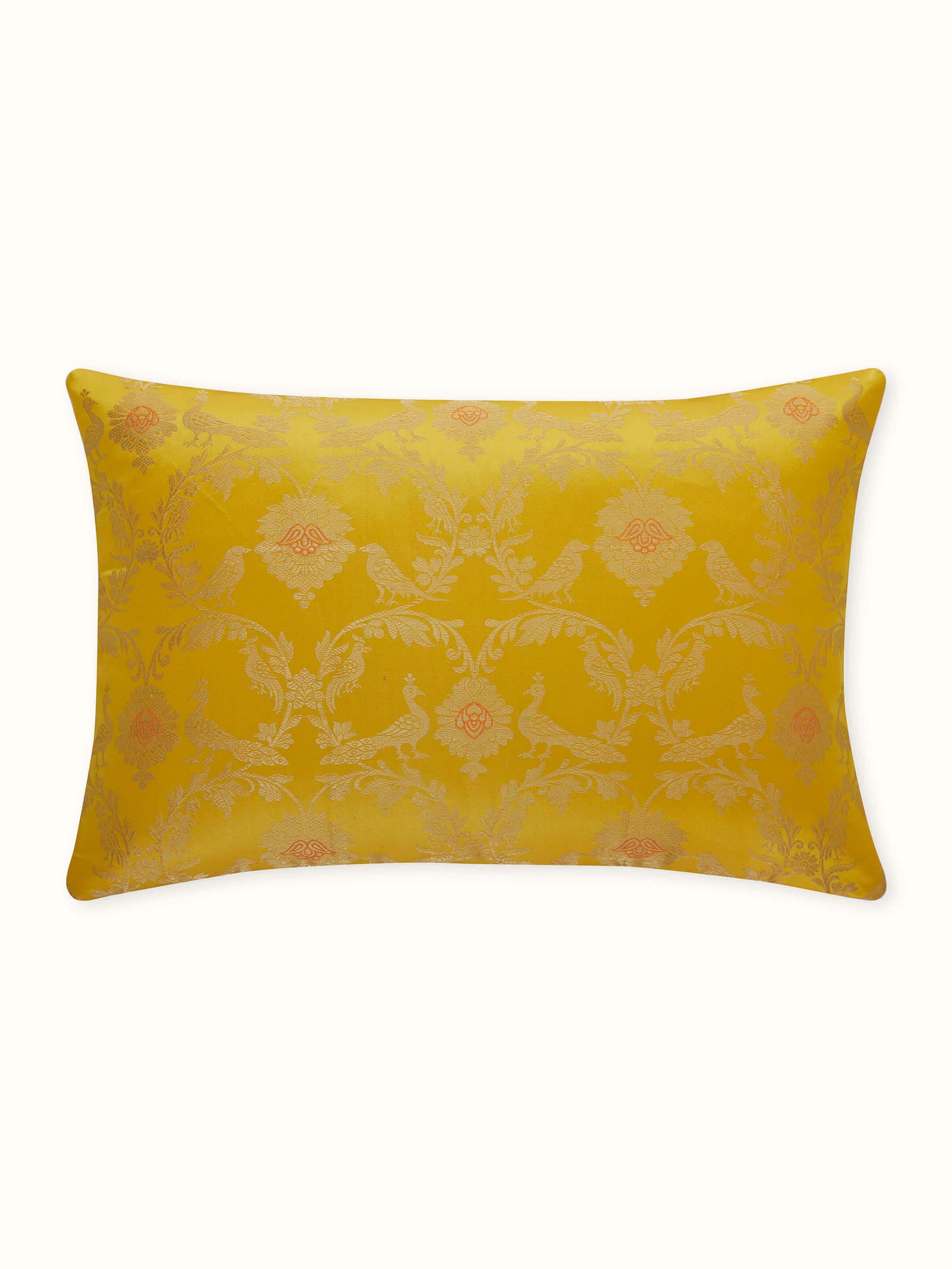 Awadh Yellow Jaal Banarasi Handloom Silk Lumbar Cushion Cover