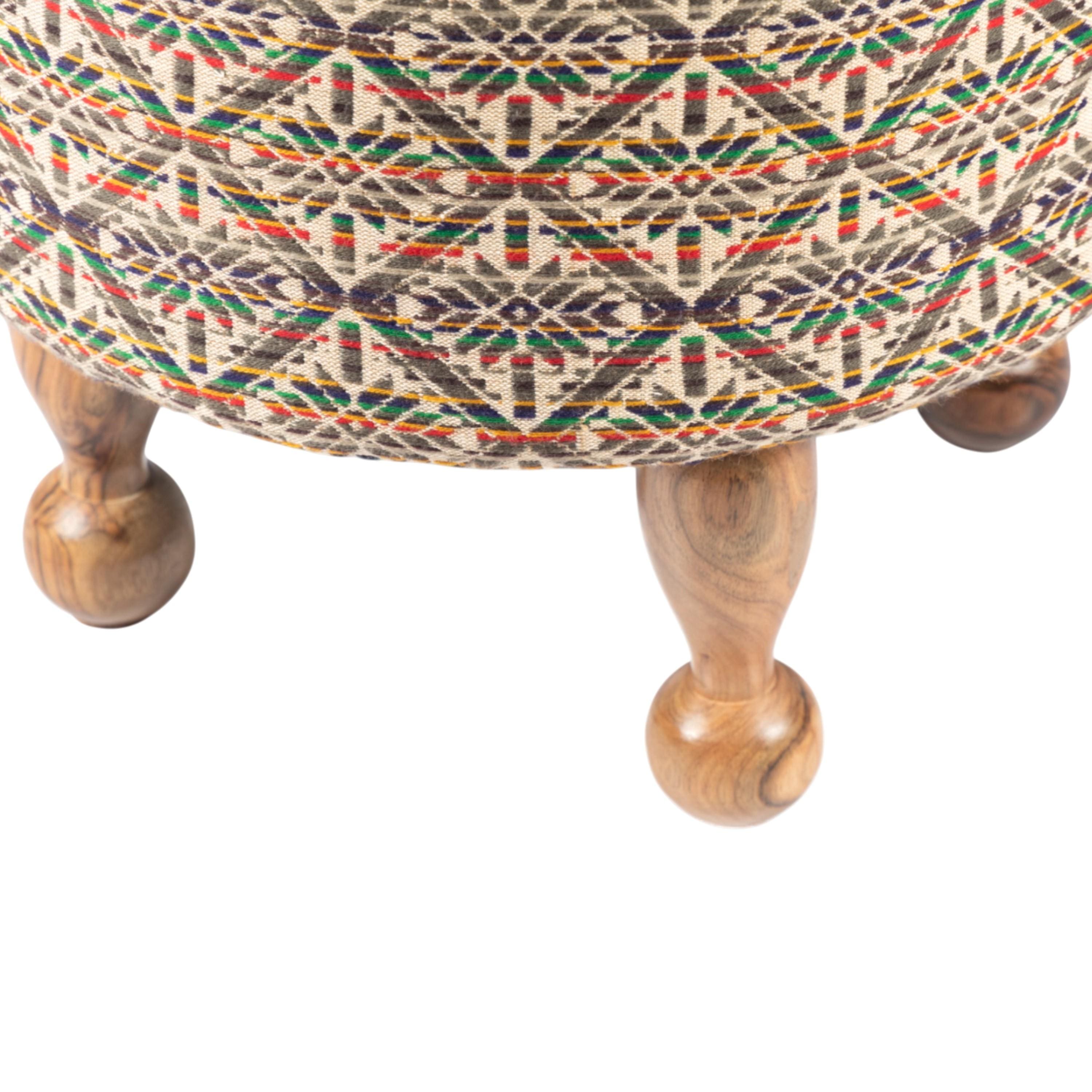 Louisville Acacia Wood Parisian Round Pouf Stool in Multicolour
