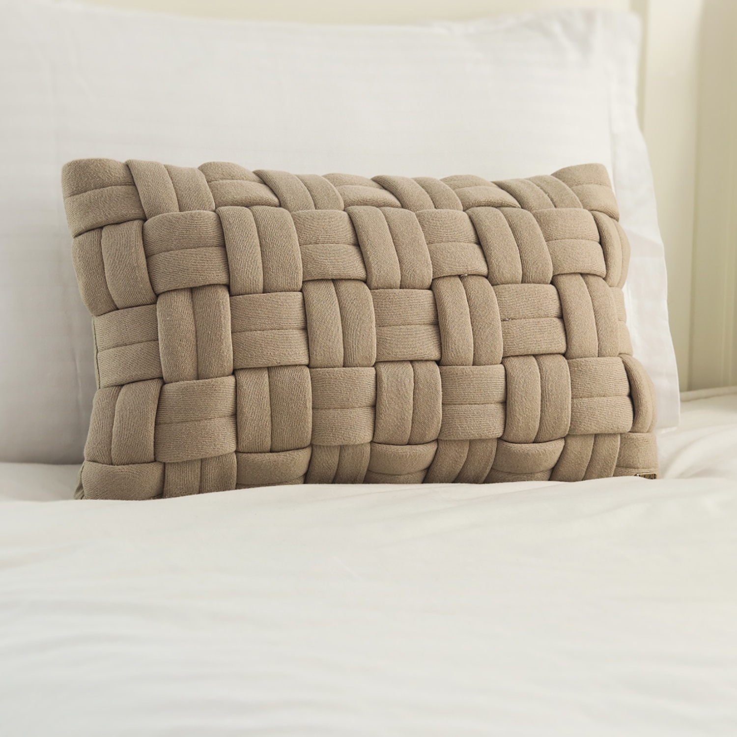 Basket Knit Sandy Brown Cotton Knitted Pillow Cover 12X20 Inches - Pluchi