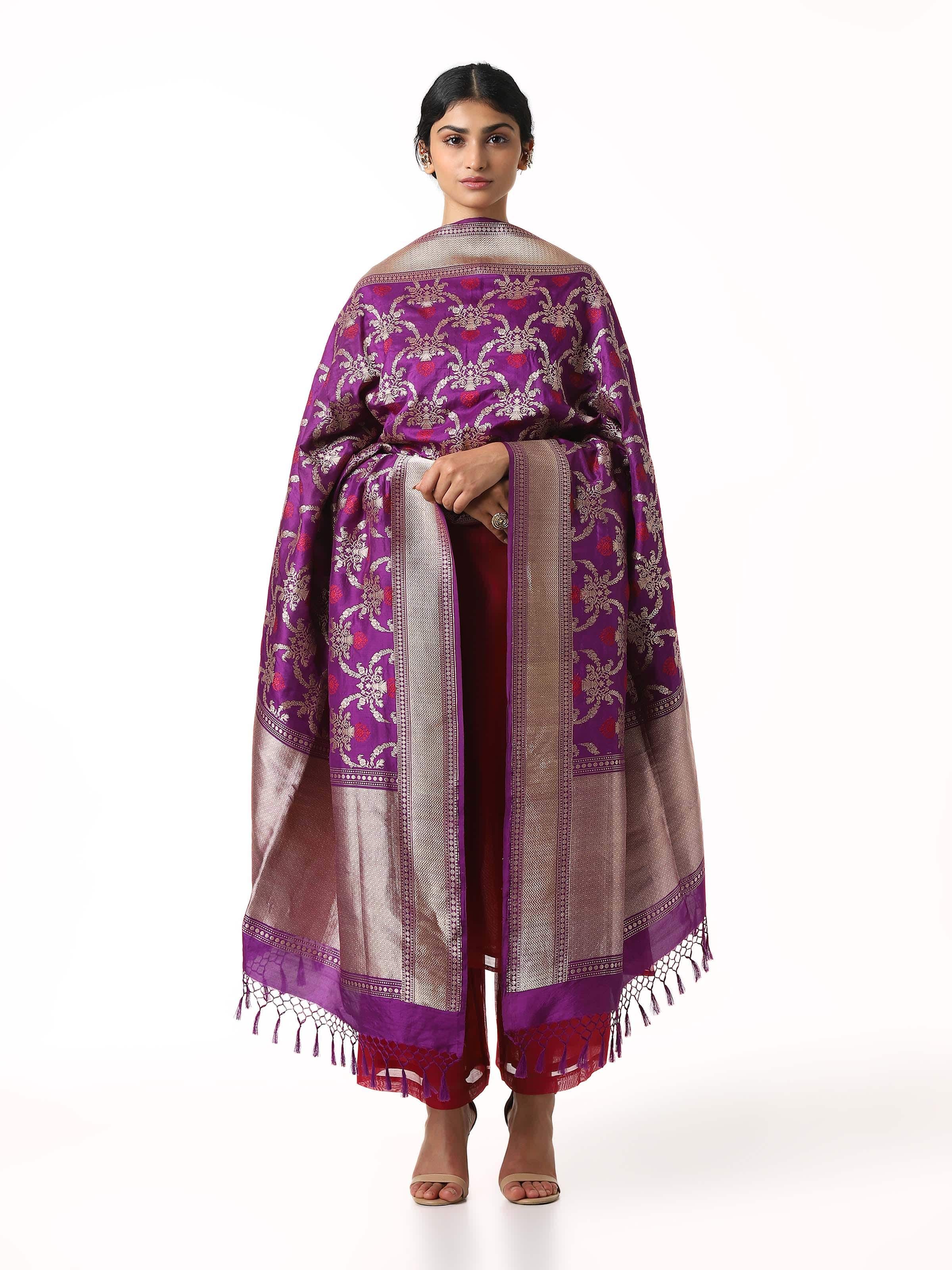 Purple Banarasi Silk Kadwa Jaal Handwoven Dupatta
