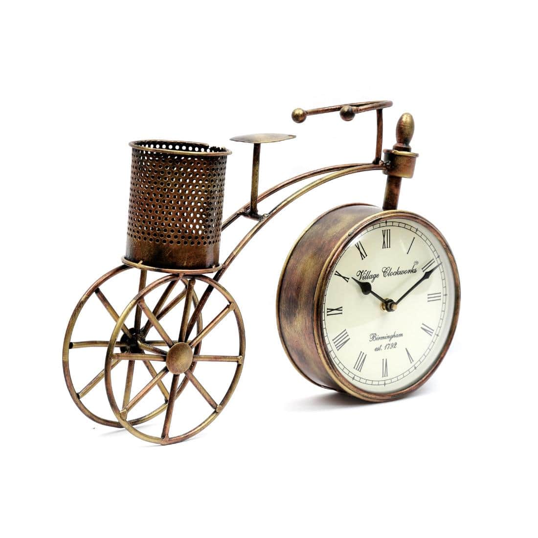 Desert Art Metal Handpainted Cycle Showpiece with Table Clock and Pen Stand - Desert Art