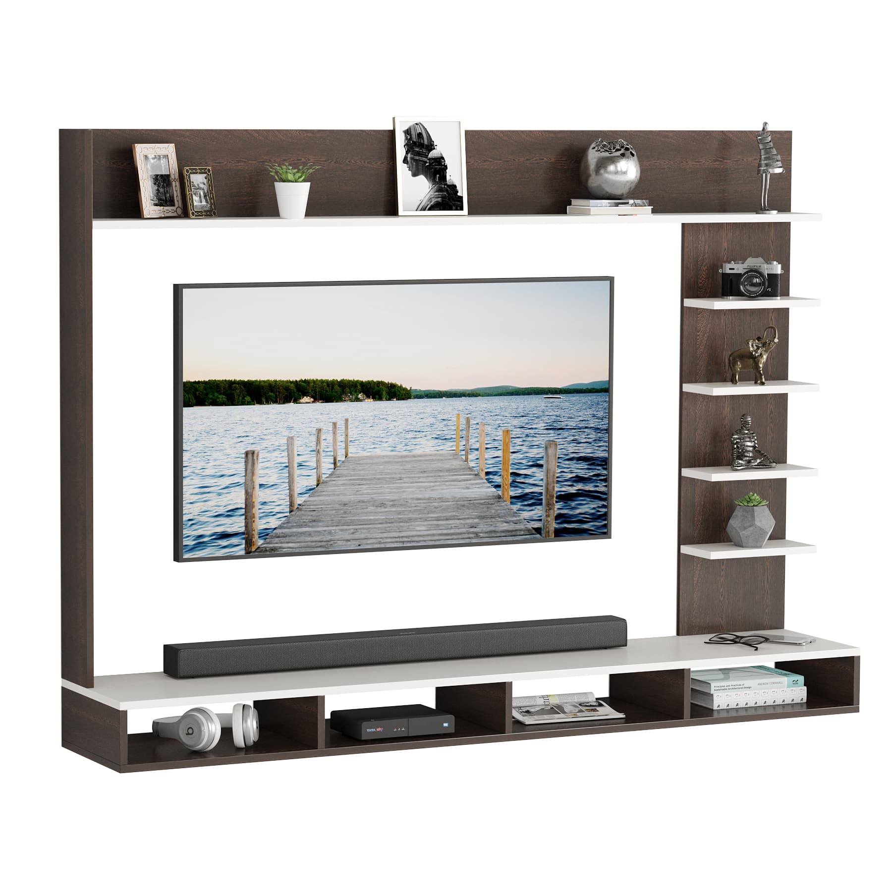 BLUEWUD Primax Grande Large Engineering Wood Wall Mount TV Entertainment Unit Set Top Box Stand/TV Cabinet Panel with Shelves for Books & D�cor Display Unit, Ideal for 50� (Wenge & White)