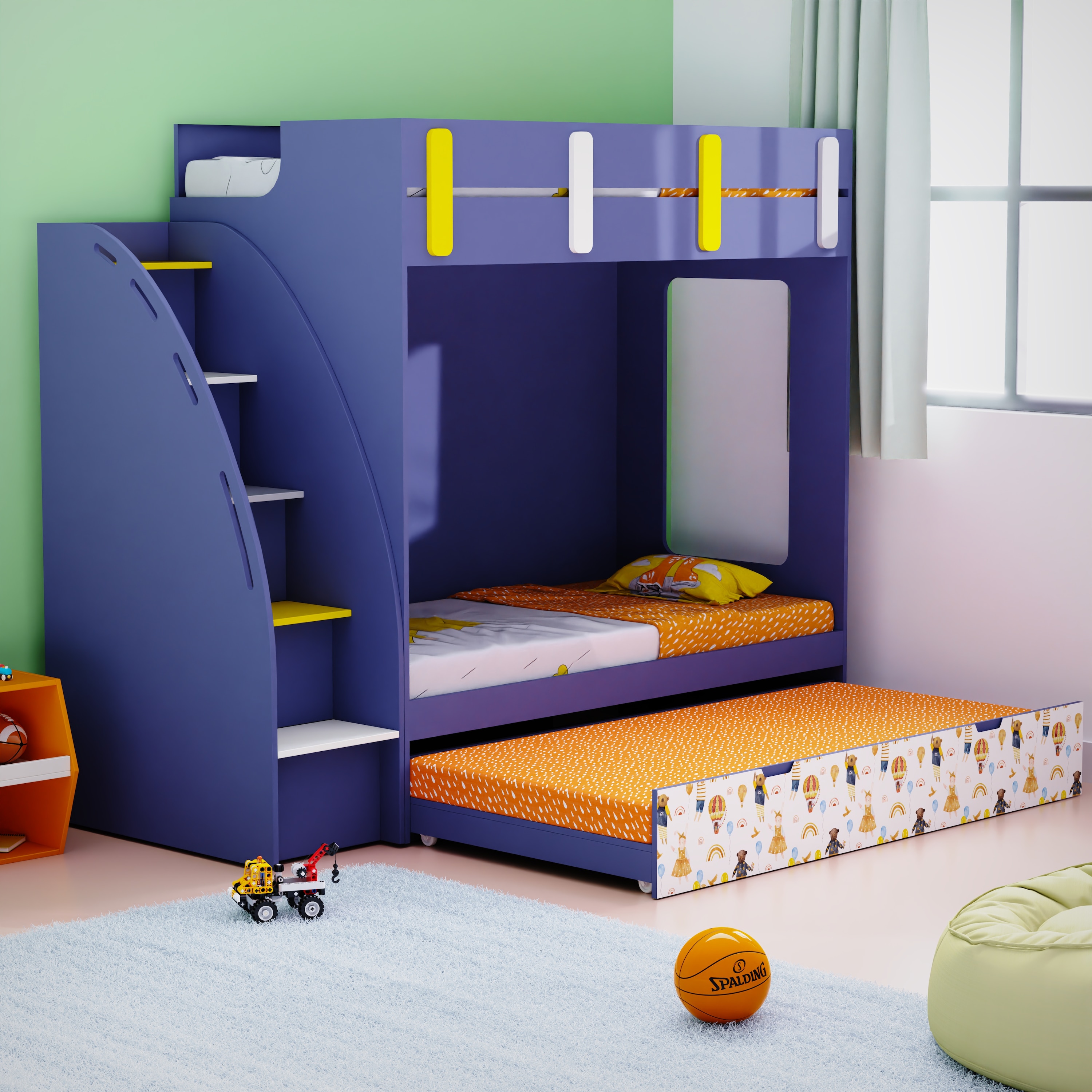 Pinwheels Trundle Bunk Bed In Blue Colour