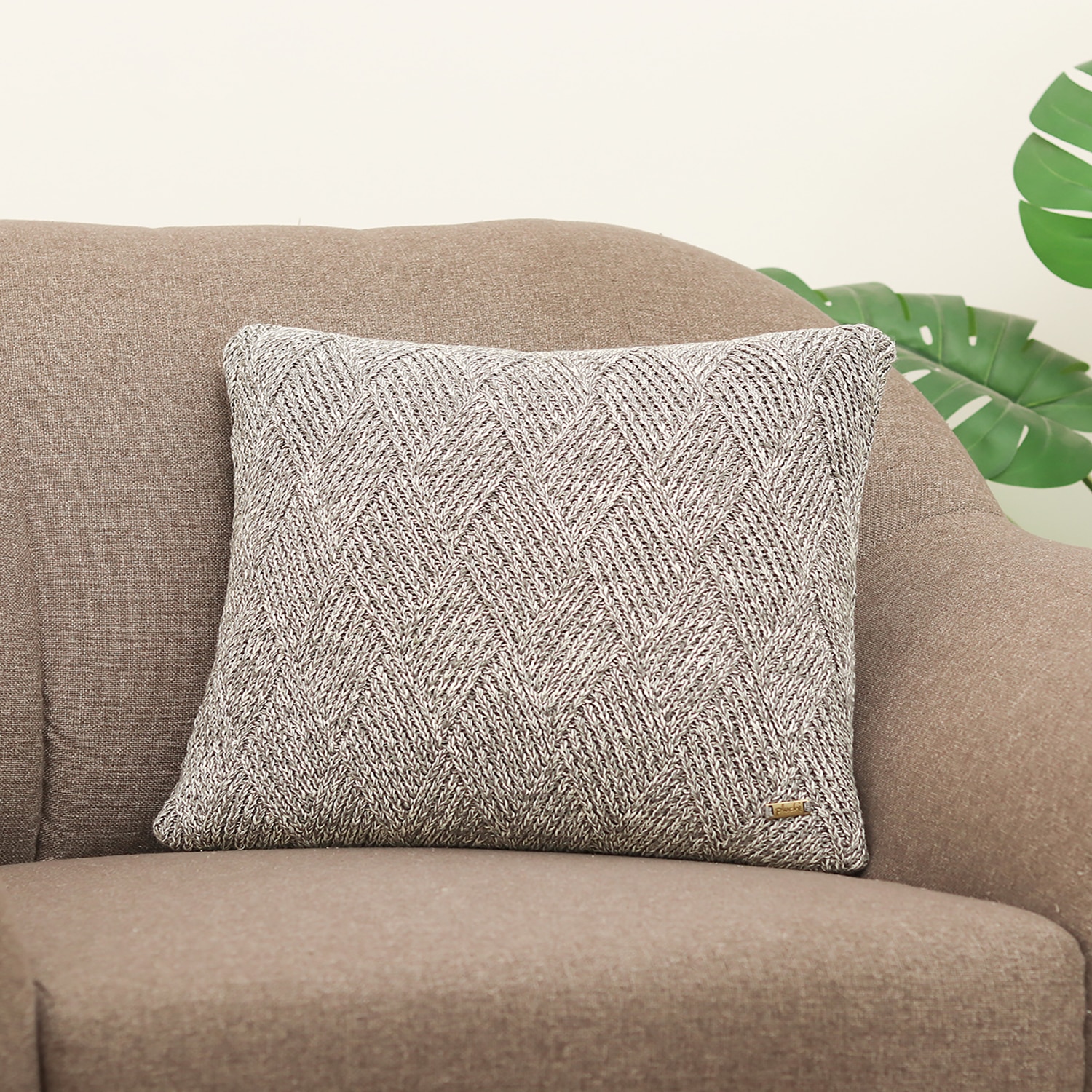 Tagus Grey Cotton Knitted Cushion Cover 16X16 Inches - Pluchi