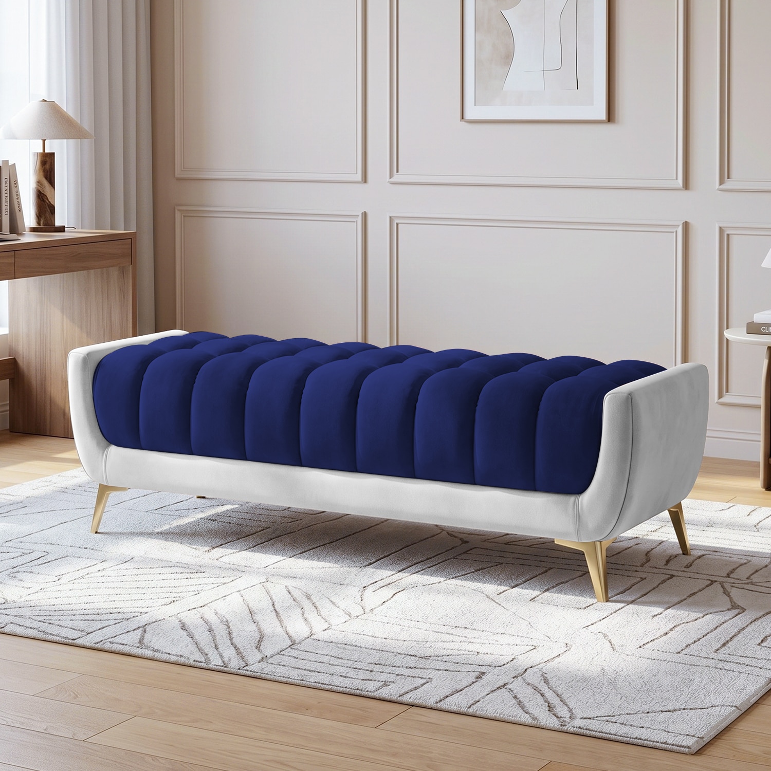 Hoslo Velvet 2 Seater Ottoman Bench in Navy Blue & Grey Color - Home Lifestylez
