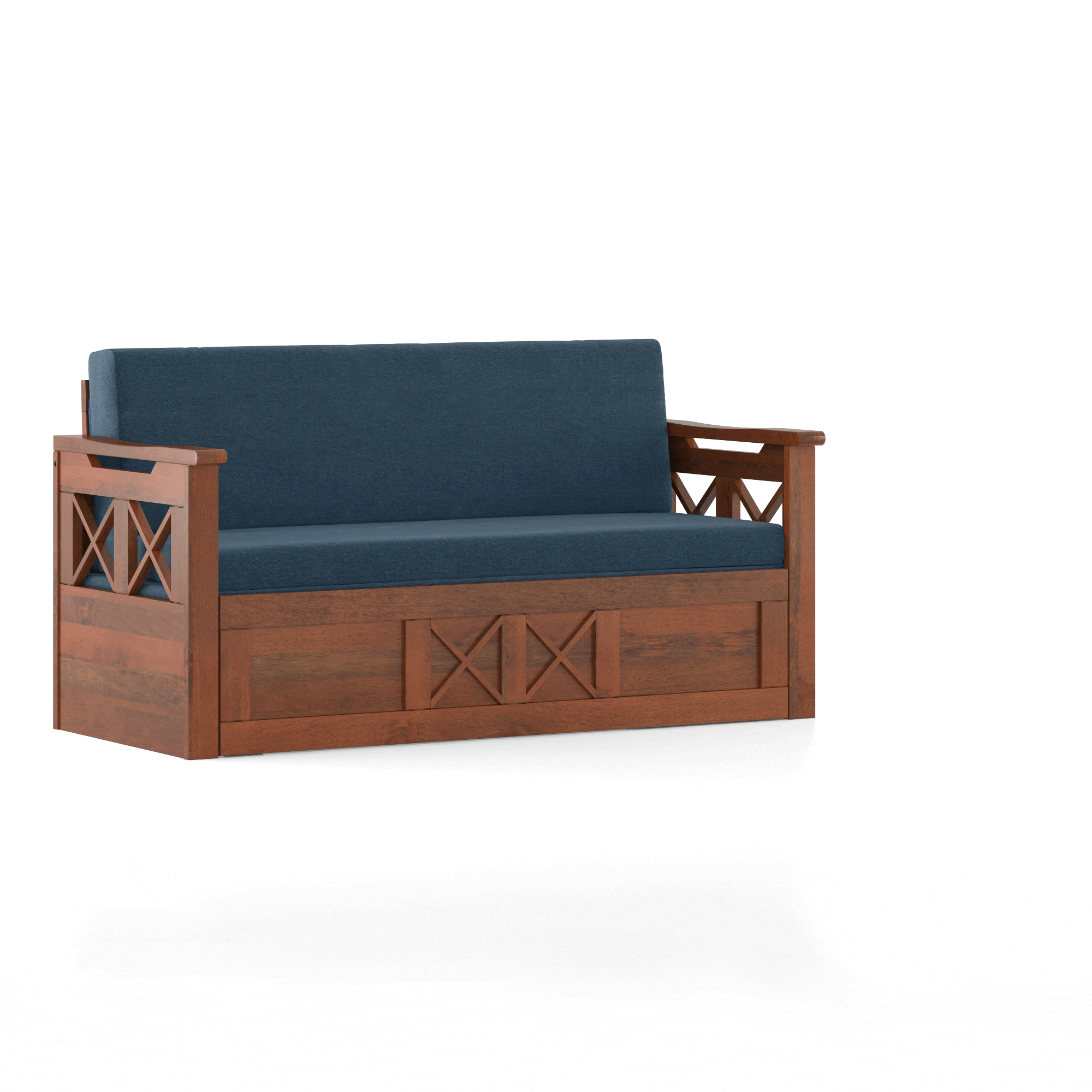 Bram 3 Seater Sofa Cum Bed in Honey Finish with Delft Blue Colour